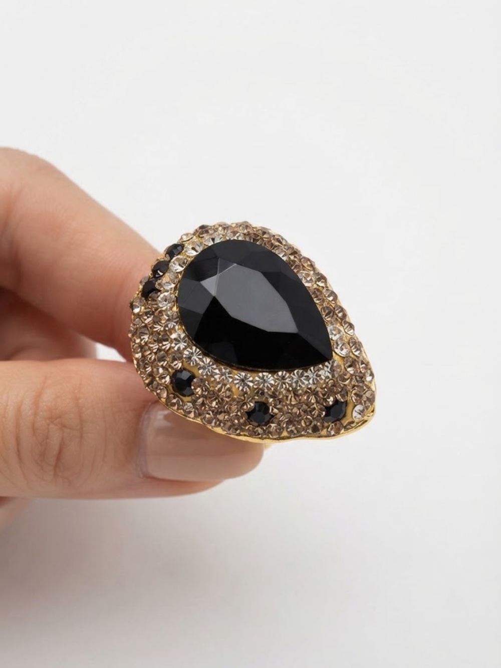 Black Onyx-Style Crystal Pear Statement Ring with Rhinestone Pavé